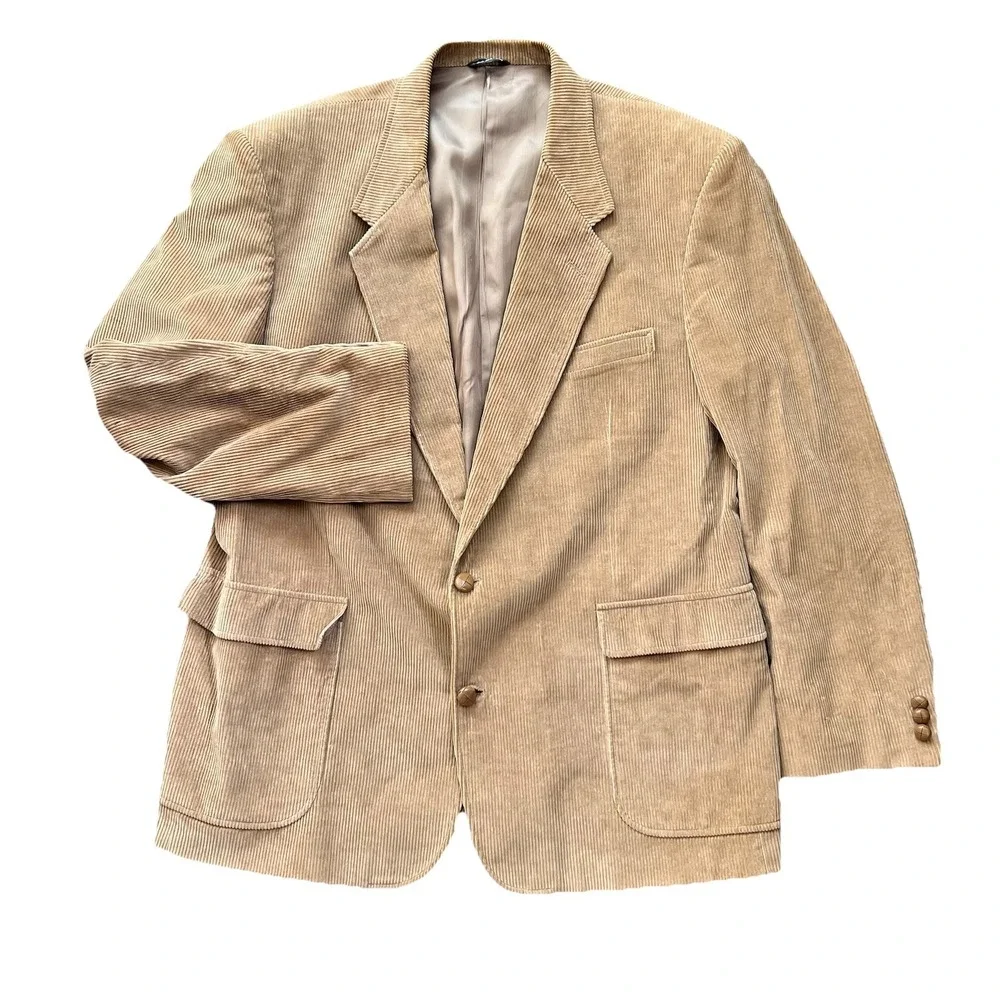Vintage Men's David Taylor Corduroy Blazer Tan Brown 2 Button Sport Coat 46L y2k